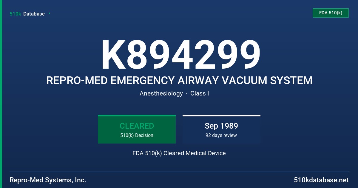 K894299 REPRO-MED EMERGENCY AIRWAY VACUUM SYSTEM FDA 510(k) Cleared Medical Device
