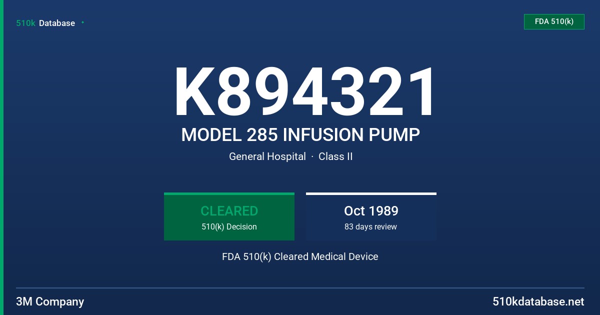 K894321 MODEL 285 INFUSION PUMP FDA 510(k) Cleared Medical Device