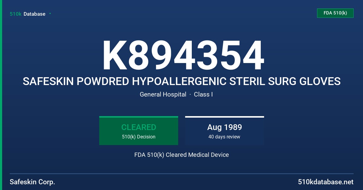K894354 SAFESKIN POWDRED HYPOALLERGENIC STERIL SURG GLOVES FDA 510(k) Cleared Medical Device