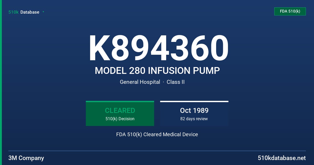 K894360 MODEL 280 INFUSION PUMP FDA 510(k) Cleared Medical Device