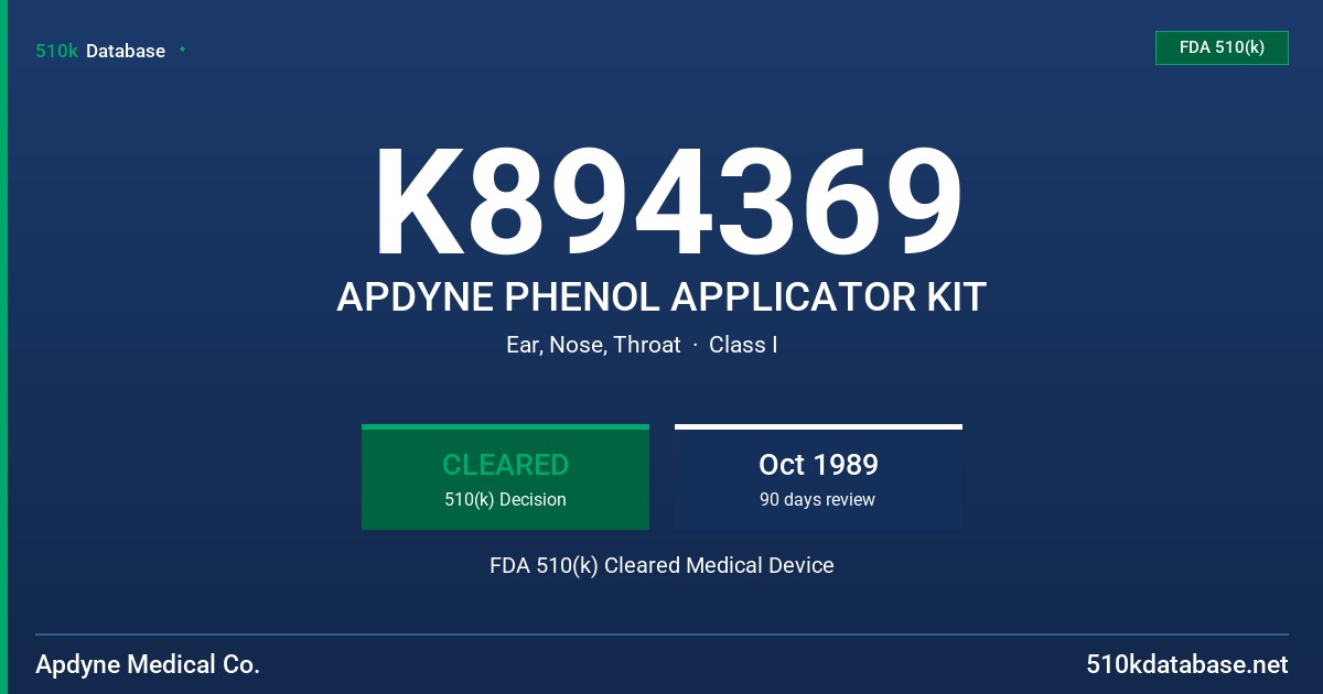 K894369 APDYNE PHENOL APPLICATOR KIT FDA 510(k) Cleared Medical Device
