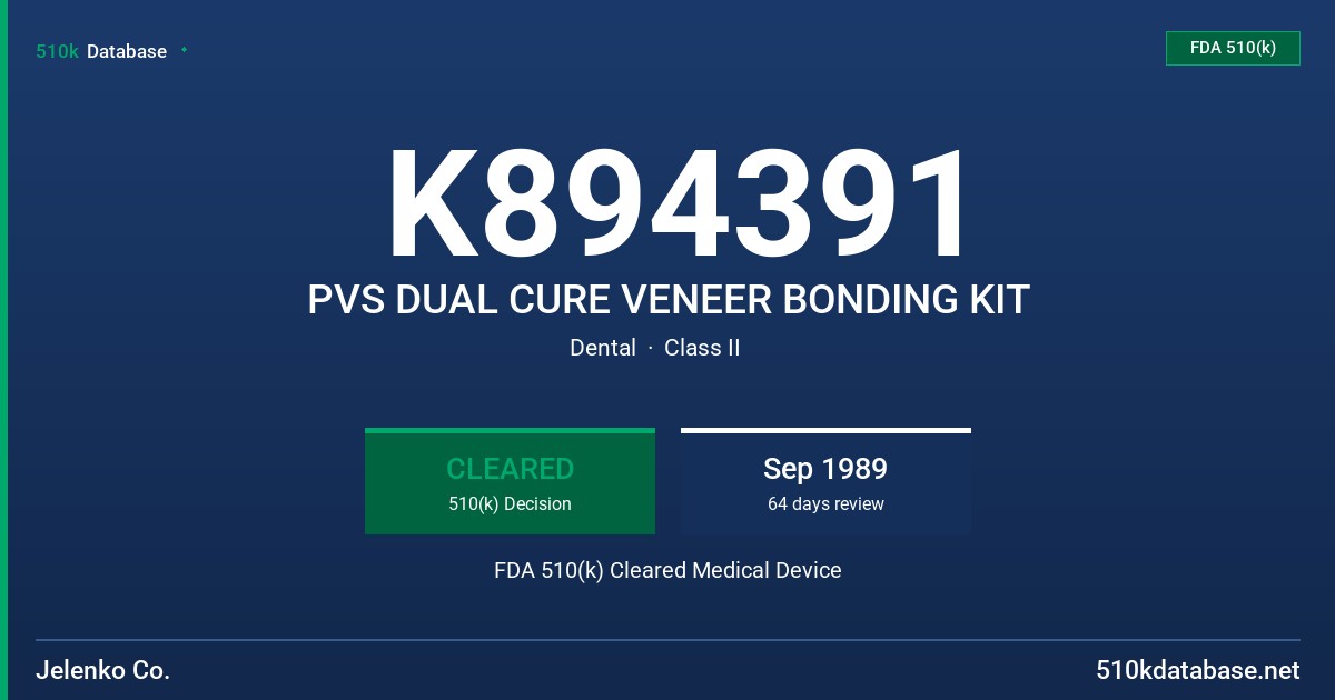 K894391 PVS DUAL CURE VENEER BONDING KIT FDA 510(k) Cleared Medical Device