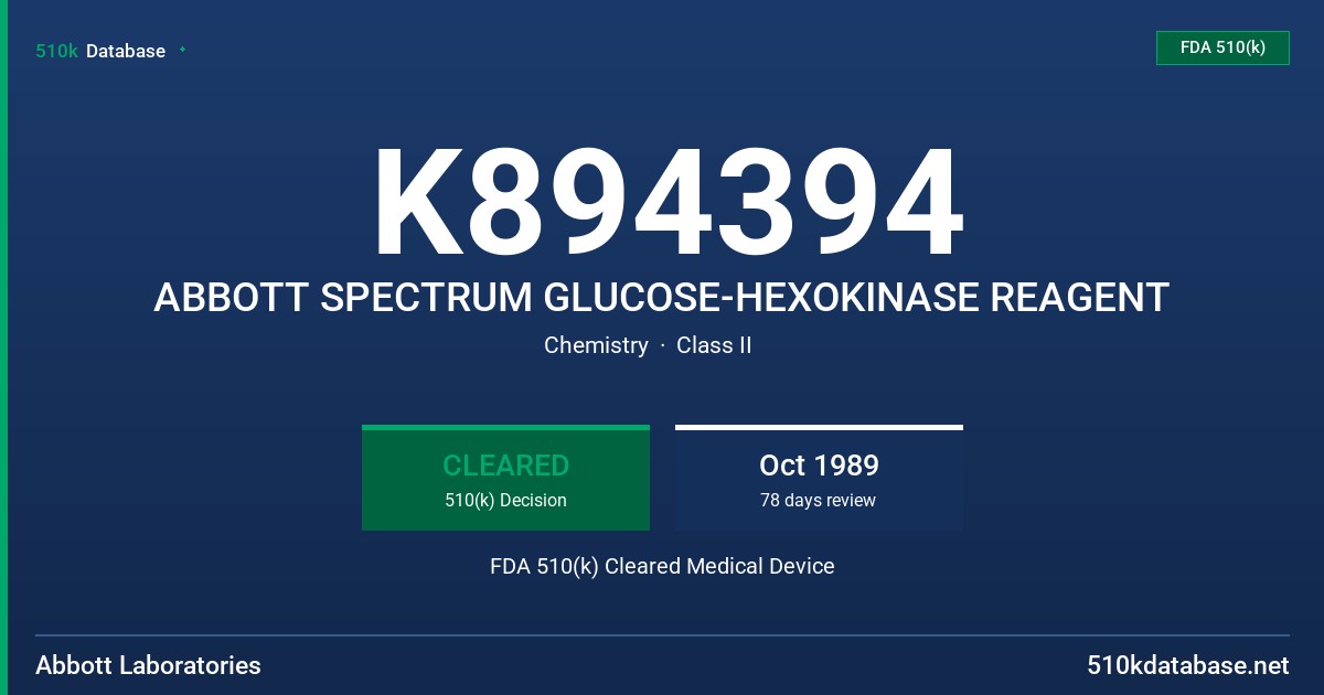 K894394 ABBOTT SPECTRUM GLUCOSE-HEXOKINASE REAGENT FDA 510(k) Cleared Medical Device