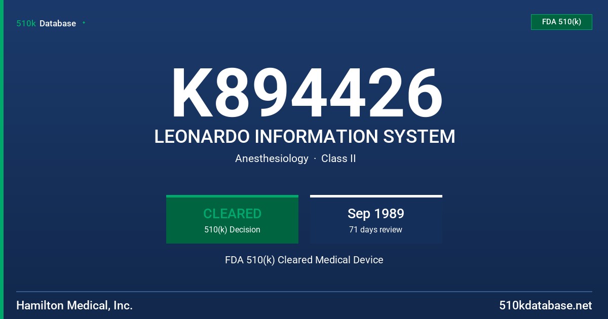 K894426 LEONARDO INFORMATION SYSTEM FDA 510(k) Cleared Medical Device