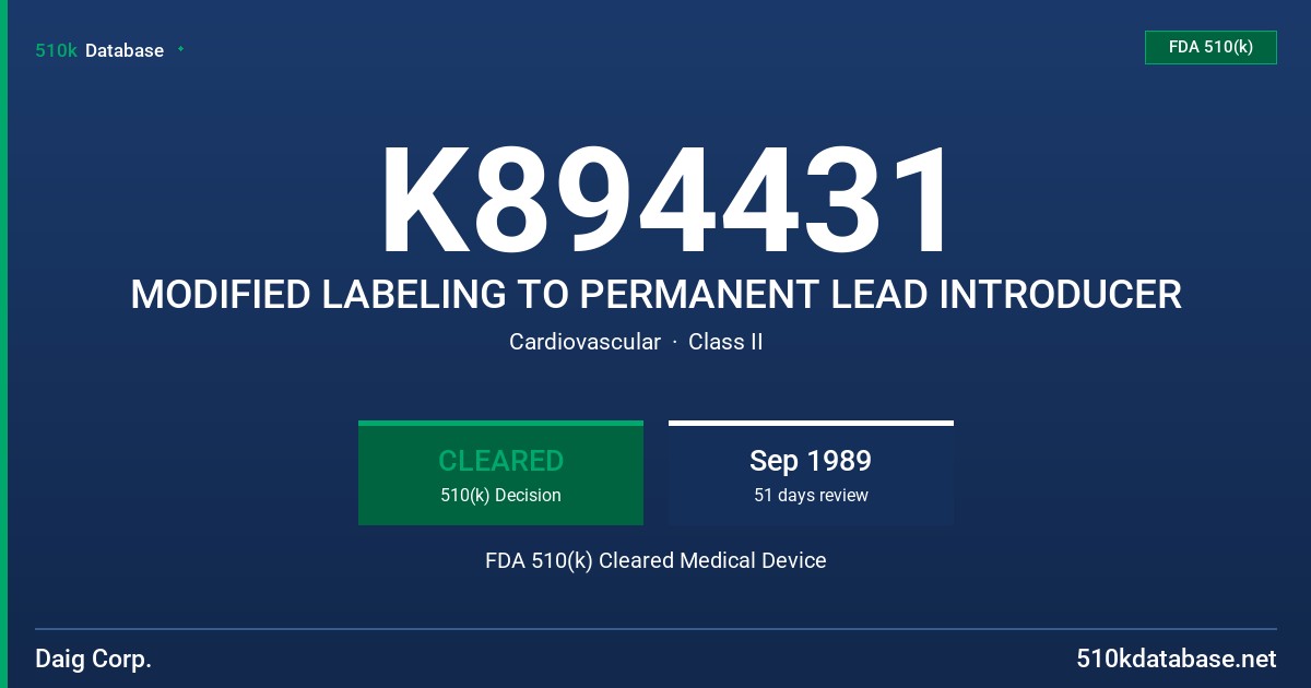 K894431 MODIFIED LABELING TO PERMANENT LEAD INTRODUCER FDA 510(k) Cleared Medical Device