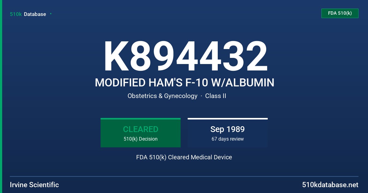 K894432 MODIFIED HAM'S F-10 W/ALBUMIN FDA 510(k) Cleared Medical Device