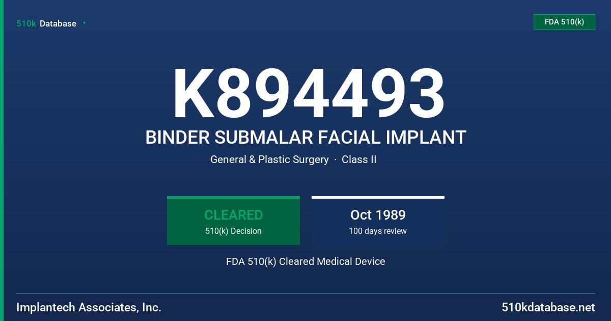 K894493 BINDER SUBMALAR FACIAL IMPLANT FDA 510(k) Cleared Medical Device