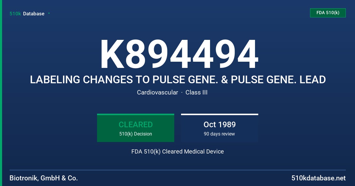 K894494 LABELING CHANGES TO PULSE GENE. & PULSE GENE. LEAD FDA 510(k) Cleared Medical Device