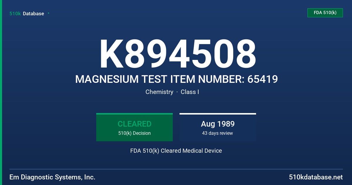 K894508 MAGNESIUM TEST ITEM NUMBER: 65419 FDA 510(k) Cleared Medical Device