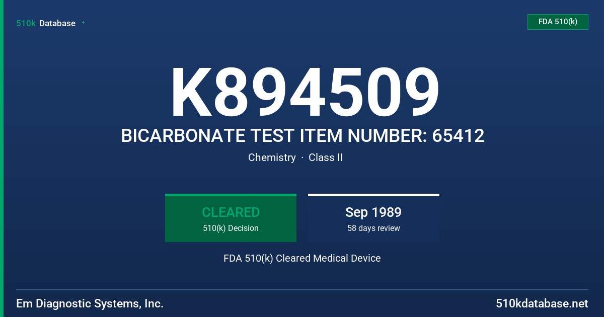 K894509 BICARBONATE TEST ITEM NUMBER: 65412 FDA 510(k) Cleared Medical Device