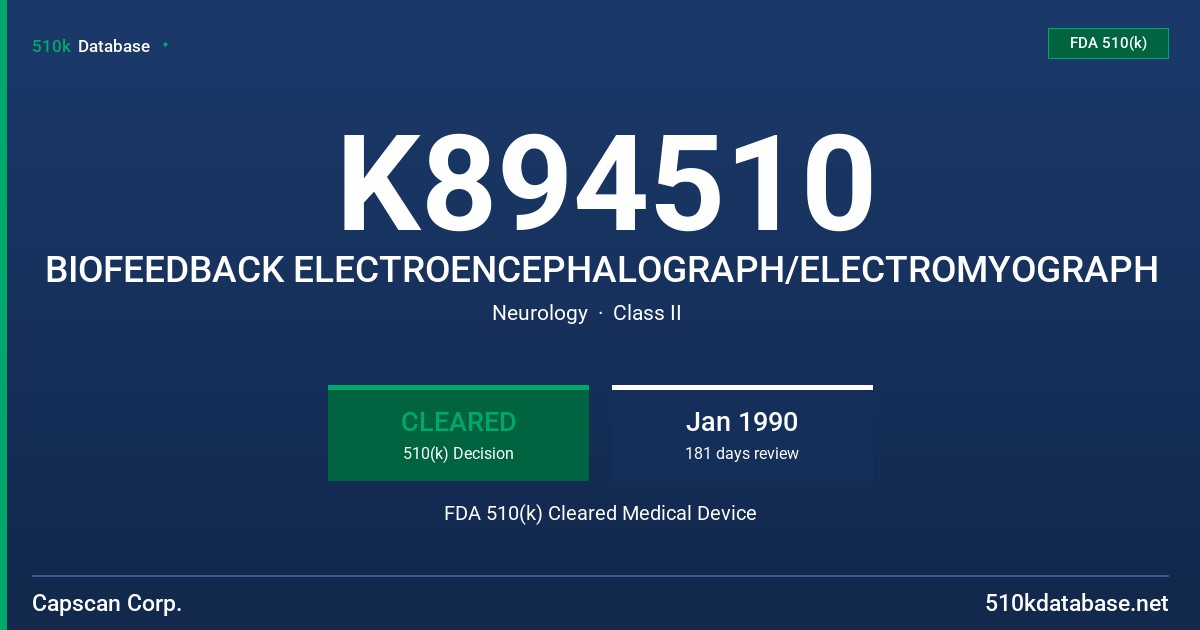K894510 BIOFEEDBACK ELECTROENCEPHALOGRAPH/ELECTROMYOGRAPH FDA 510(k) Cleared Medical Device