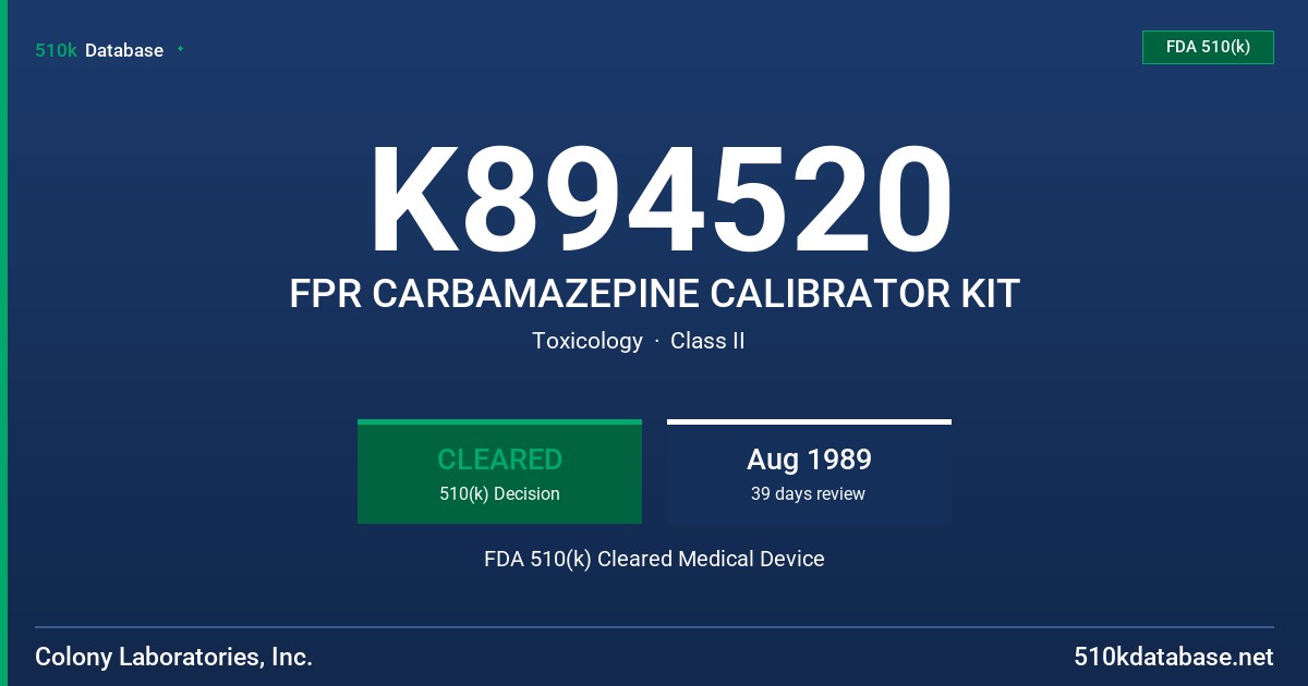 K894520 FPR CARBAMAZEPINE CALIBRATOR KIT FDA 510(k) Cleared Medical Device
