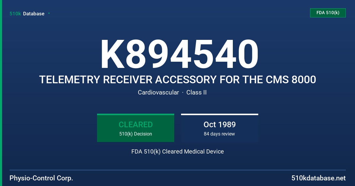 K894540 TELEMETRY RECEIVER ACCESSORY FOR THE CMS 8000 FDA 510(k) Cleared Medical Device
