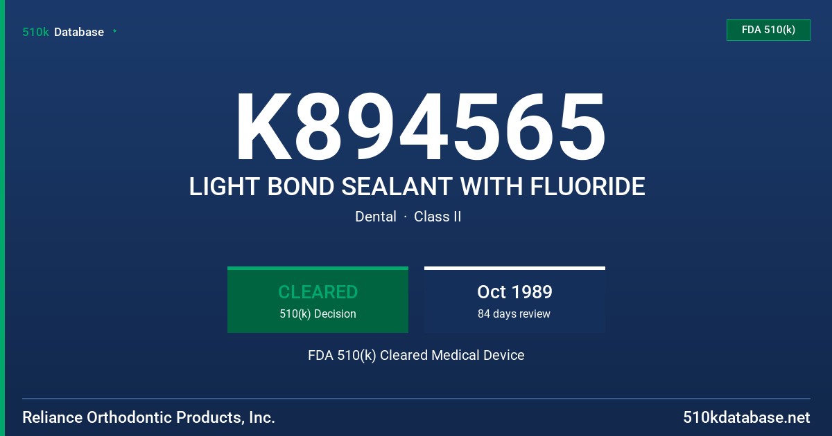 K894565 LIGHT BOND SEALANT WITH FLUORIDE FDA 510(k) Cleared Medical Device