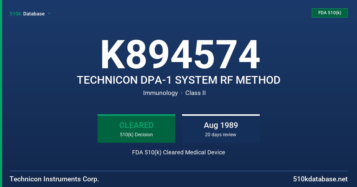 K894574 TECHNICON DPA-1 SYSTEM RF METHOD FDA 510(k) Cleared Medical Device