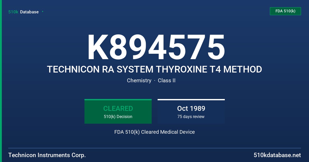 K894575 TECHNICON RA SYSTEM THYROXINE T4 METHOD FDA 510(k) Cleared Medical Device