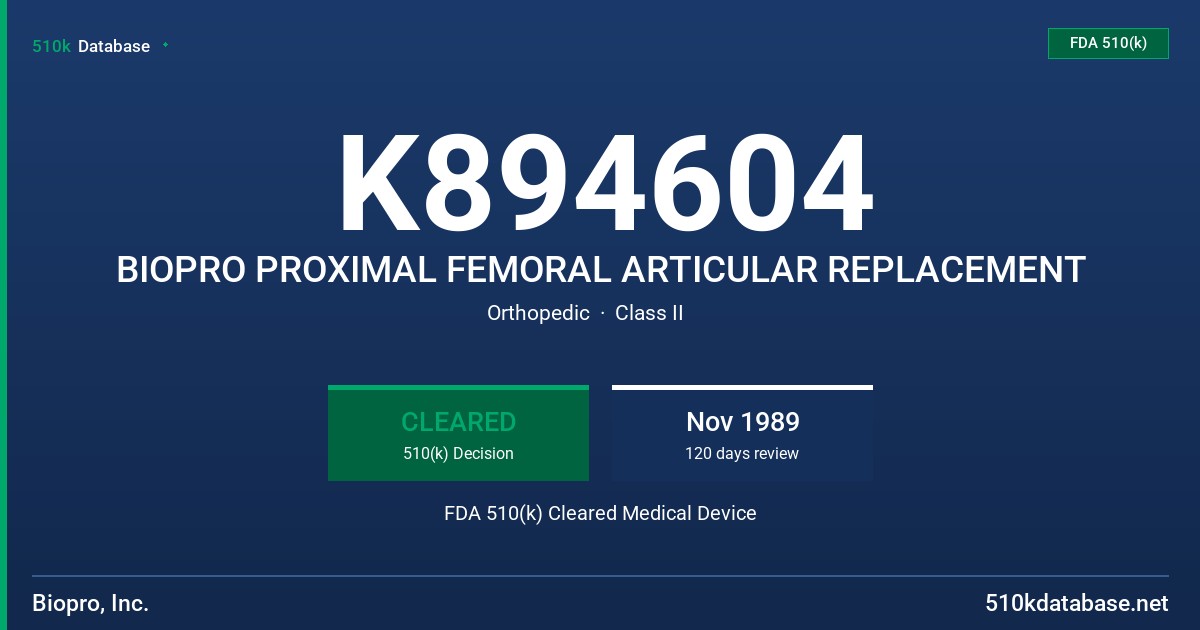 K894604 BIOPRO PROXIMAL FEMORAL ARTICULAR REPLACEMENT FDA 510(k) Cleared Medical Device