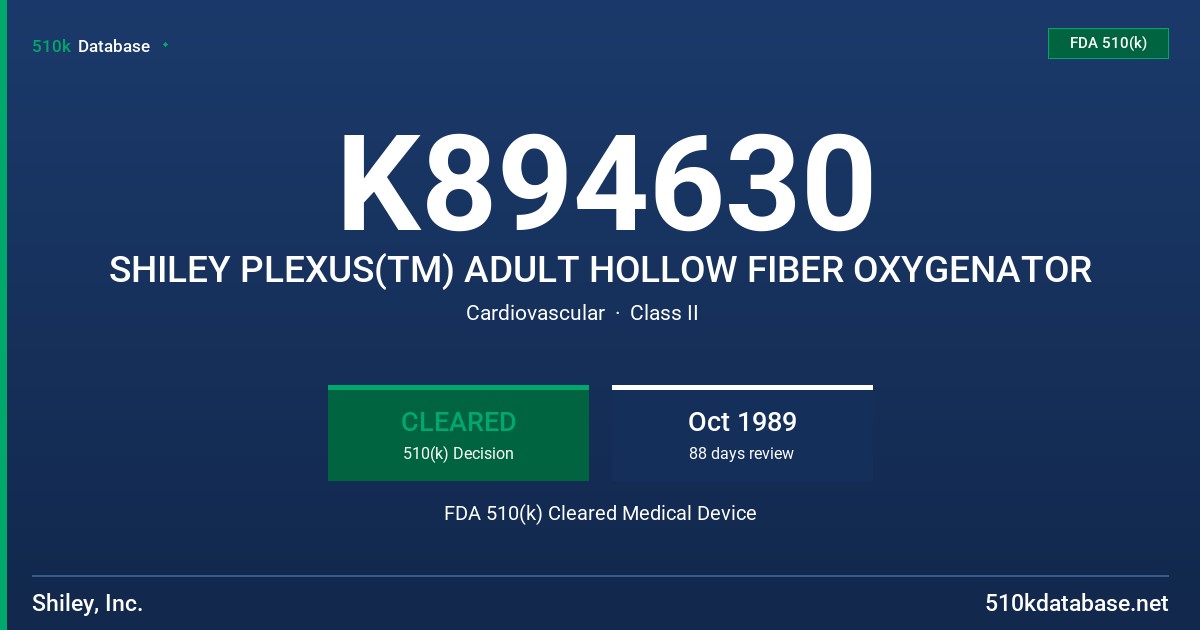 K894630 SHILEY PLEXUS(TM) ADULT HOLLOW FIBER OXYGENATOR FDA 510(k) Cleared Medical Device