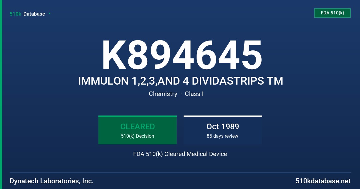 K894645 IMMULON 1,2,3,AND 4 DIVIDASTRIPS TM FDA 510(k) Cleared Medical Device