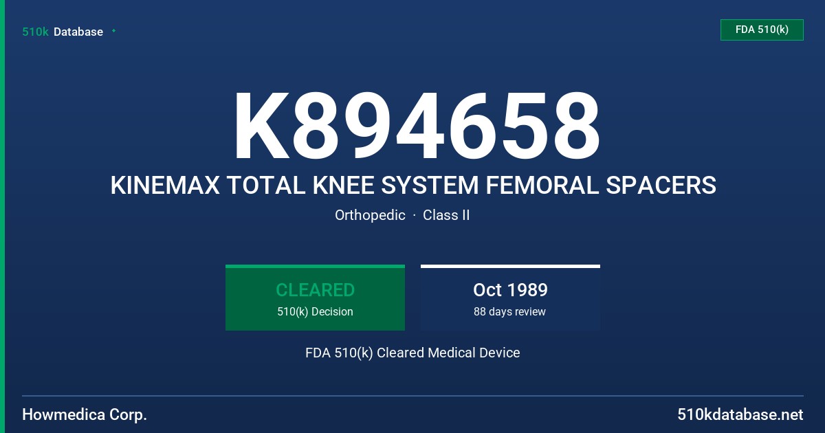 K894658 KINEMAX TOTAL KNEE SYSTEM FEMORAL SPACERS FDA 510(k) Cleared Medical Device