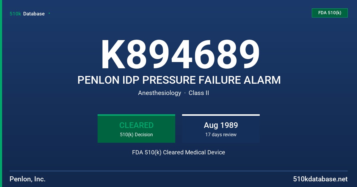 K894689 PENLON IDP PRESSURE FAILURE ALARM FDA 510(k) Cleared Medical Device