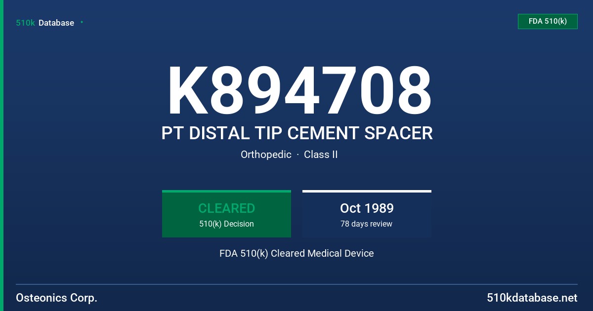 K894708 PT DISTAL TIP CEMENT SPACER FDA 510(k) Cleared Medical Device