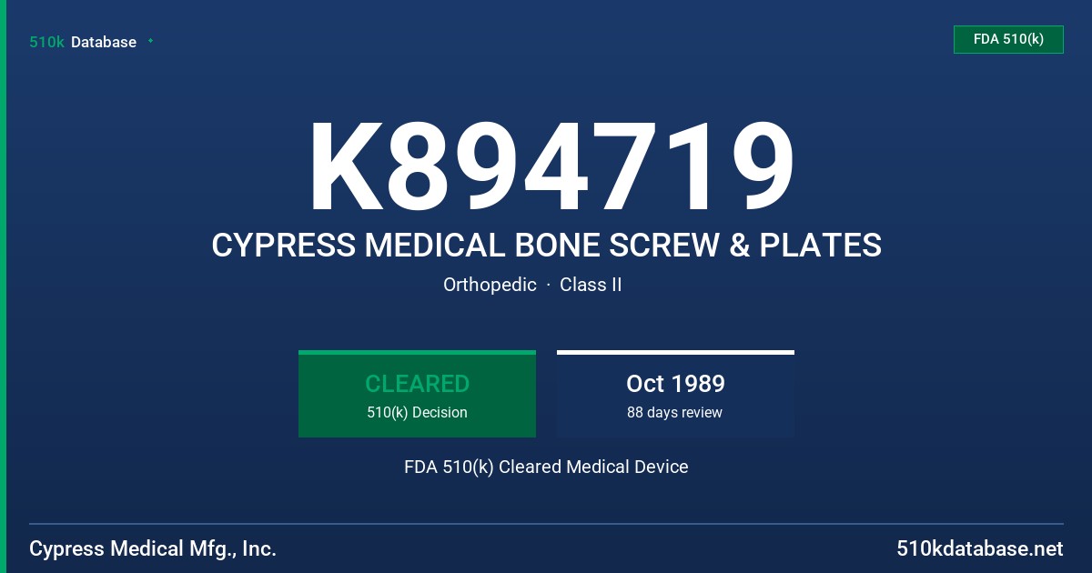 K894719 CYPRESS MEDICAL BONE SCREW & PLATES FDA 510(k) Cleared Medical Device