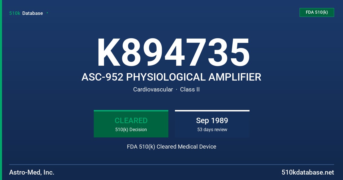 K894735 ASC-952 PHYSIOLOGICAL AMPLIFIER FDA 510(k) Cleared Medical Device