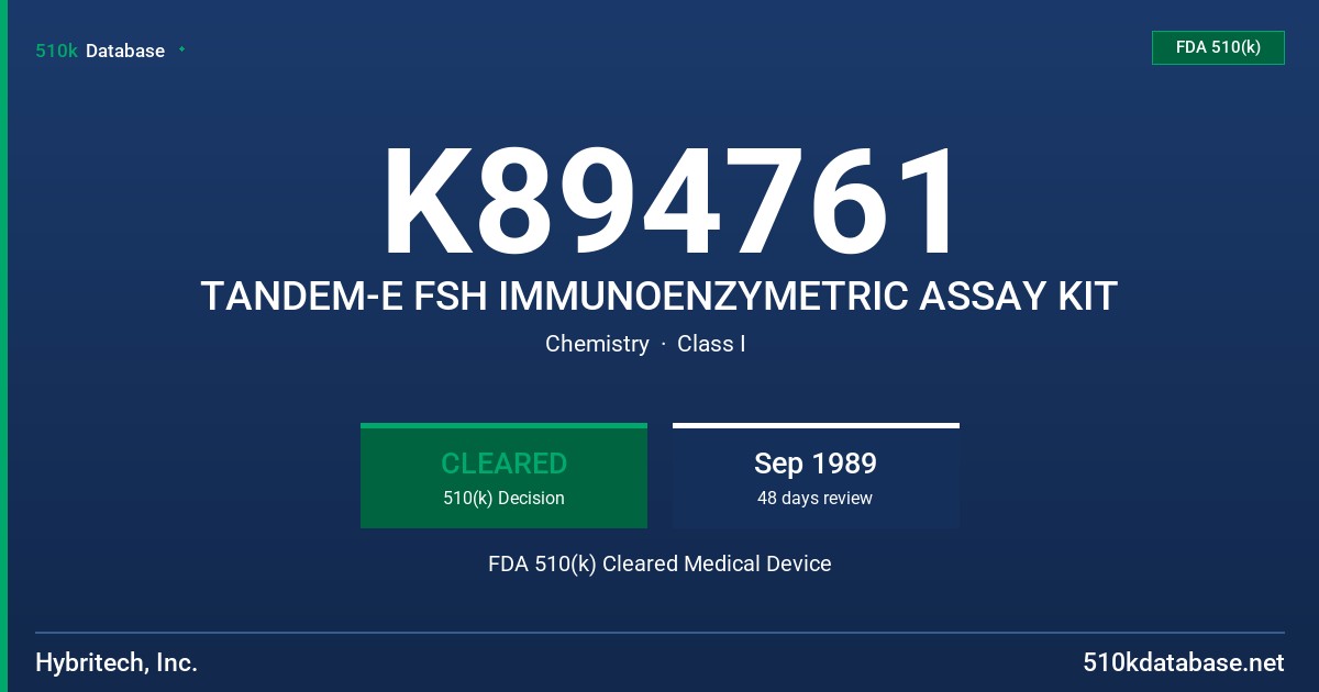 K894761 TANDEM-E FSH IMMUNOENZYMETRIC ASSAY KIT FDA 510(k) Cleared Medical Device