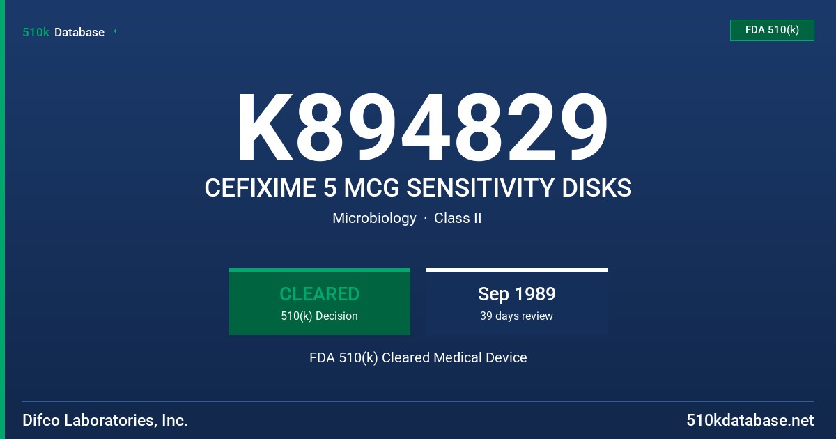 K894829 CEFIXIME 5 MCG SENSITIVITY DISKS FDA 510(k) Cleared Medical Device
