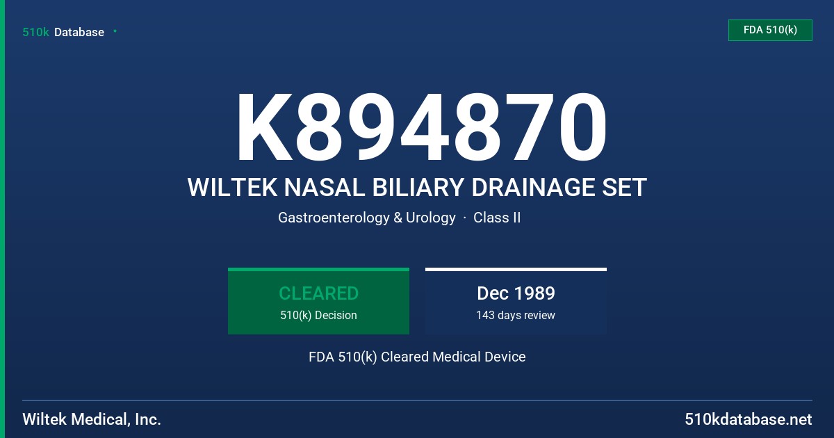 K894870 WILTEK NASAL BILIARY DRAINAGE SET FDA 510(k) Cleared Medical Device