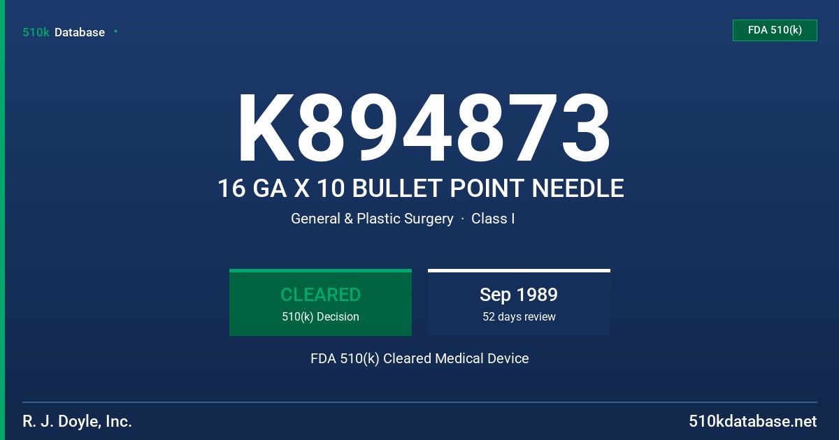 K894873 16 GA X 10 BULLET POINT NEEDLE FDA 510(k) Cleared Medical Device