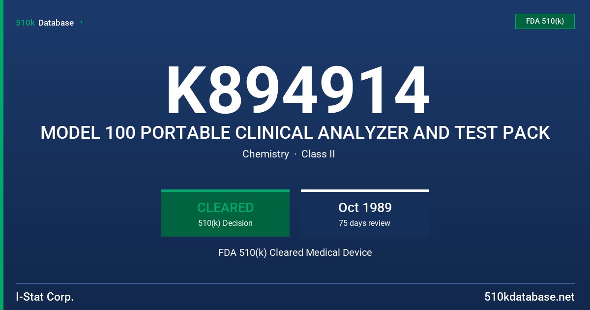 K894914 MODEL 100 PORTABLE CLINICAL ANALYZER AND TEST PACK FDA 510(k) Cleared Medical Device