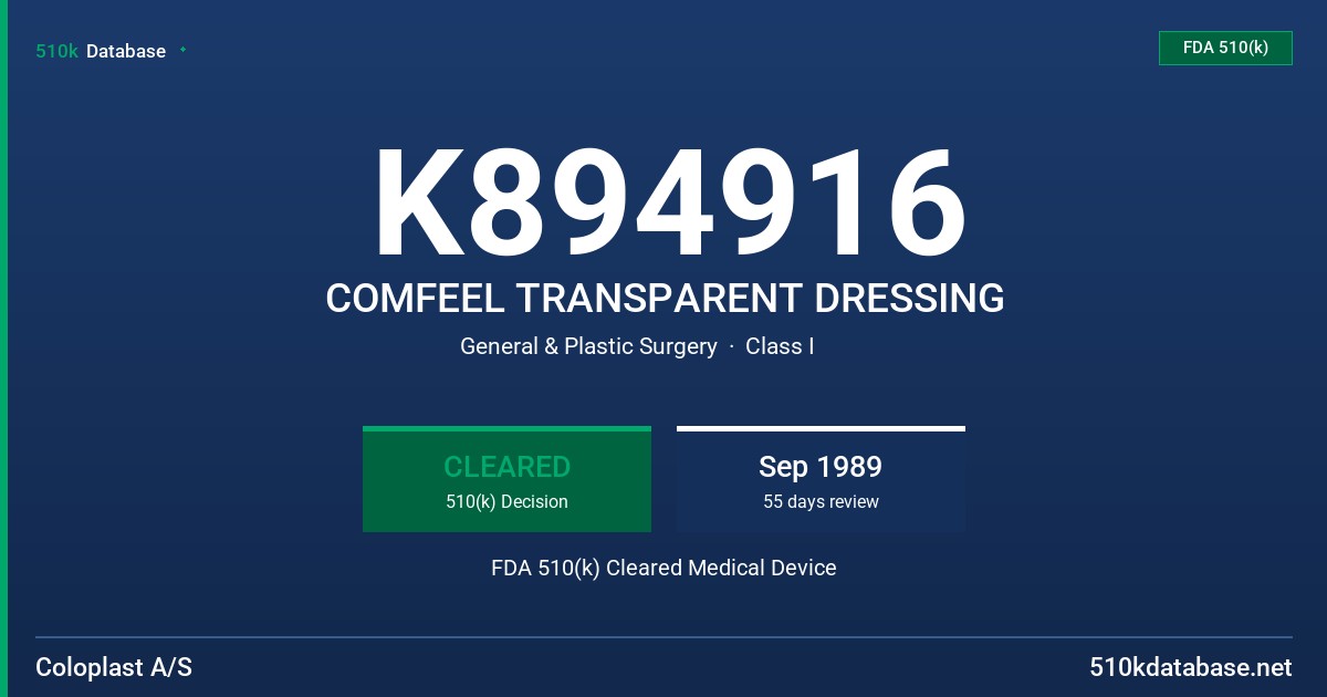 K894916 COMFEEL TRANSPARENT DRESSING FDA 510(k) Cleared Medical Device
