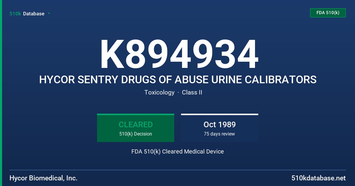 K894934 HYCOR SENTRY DRUGS OF ABUSE URINE CALIBRATORS FDA 510(k) Cleared Medical Device