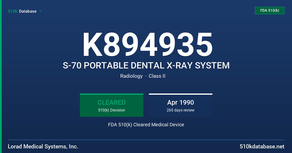 K894935 S-70 PORTABLE DENTAL X-RAY SYSTEM FDA 510(k) Cleared Medical Device