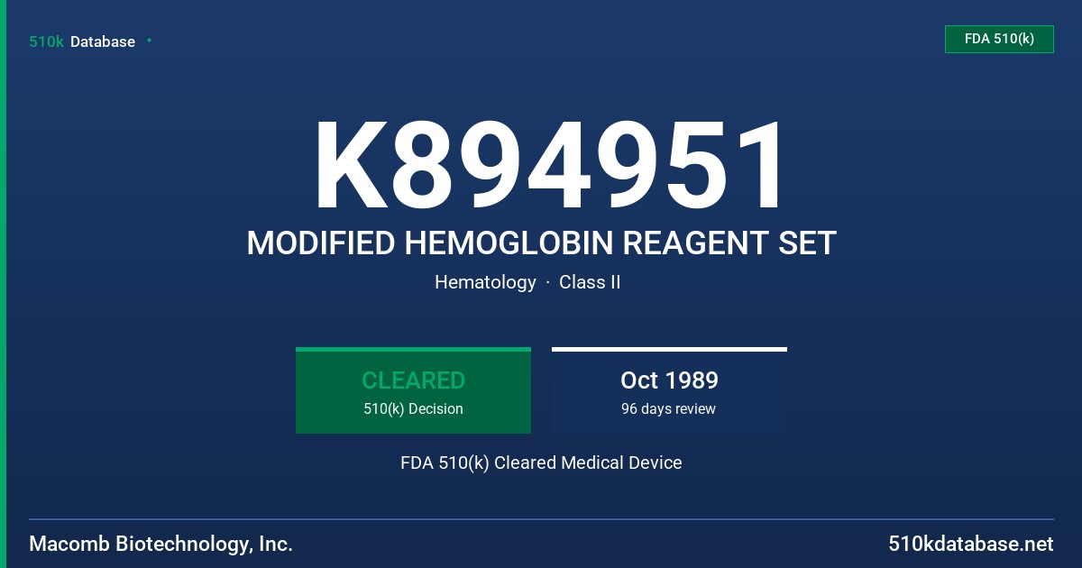 K894951 MODIFIED HEMOGLOBIN REAGENT SET FDA 510(k) Cleared Medical Device