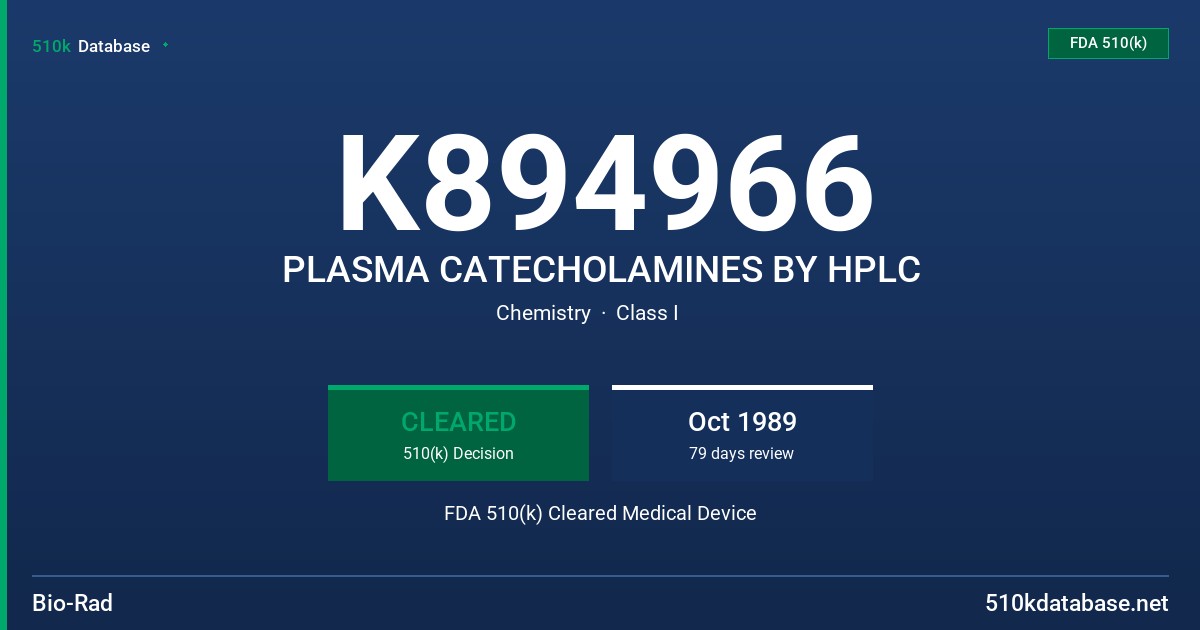 K894966 PLASMA CATECHOLAMINES BY HPLC FDA 510(k) Cleared Medical Device
