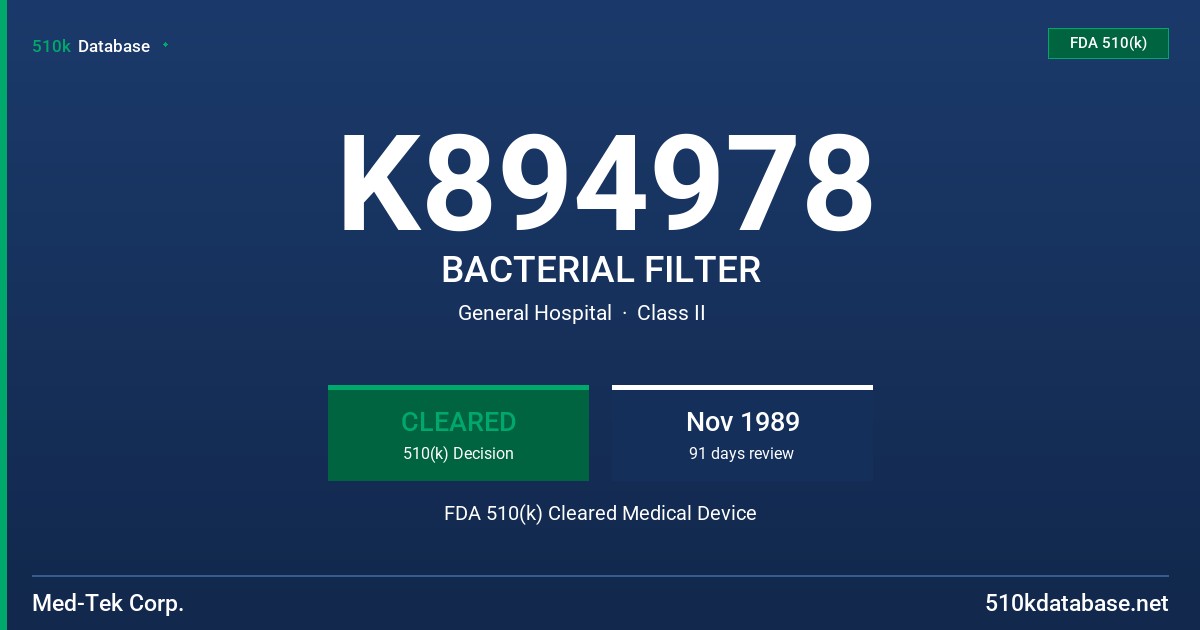 K894978 BACTERIAL FILTER FDA 510(k) Cleared Medical Device