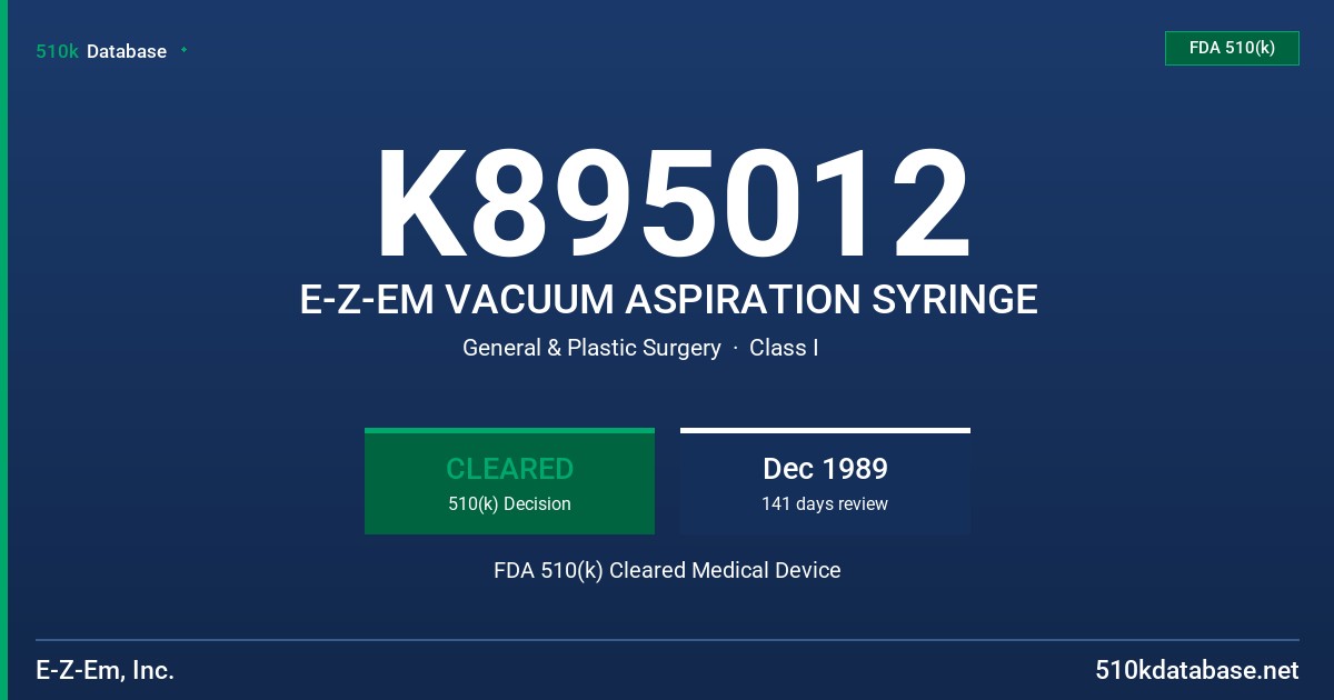K895012 E-Z-EM VACUUM ASPIRATION SYRINGE FDA 510(k) Cleared Medical Device