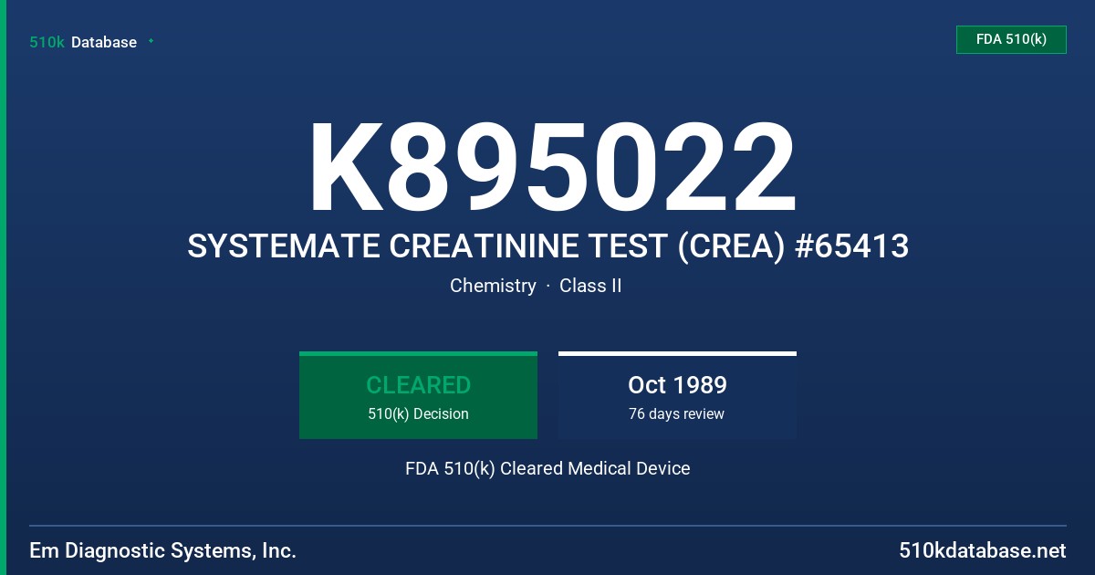 K895022 SYSTEMATE CREATININE TEST (CREA) #65413 FDA 510(k) Cleared Medical Device
