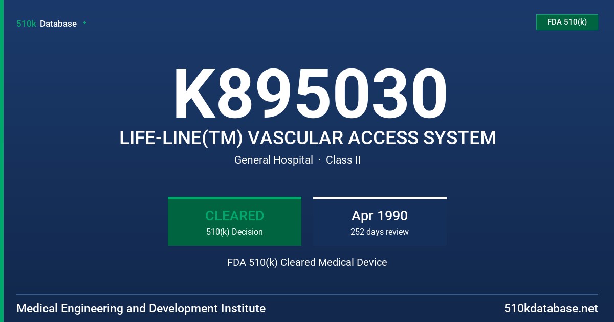 K895030 LIFE-LINE(TM) VASCULAR ACCESS SYSTEM FDA 510(k) Cleared Medical Device