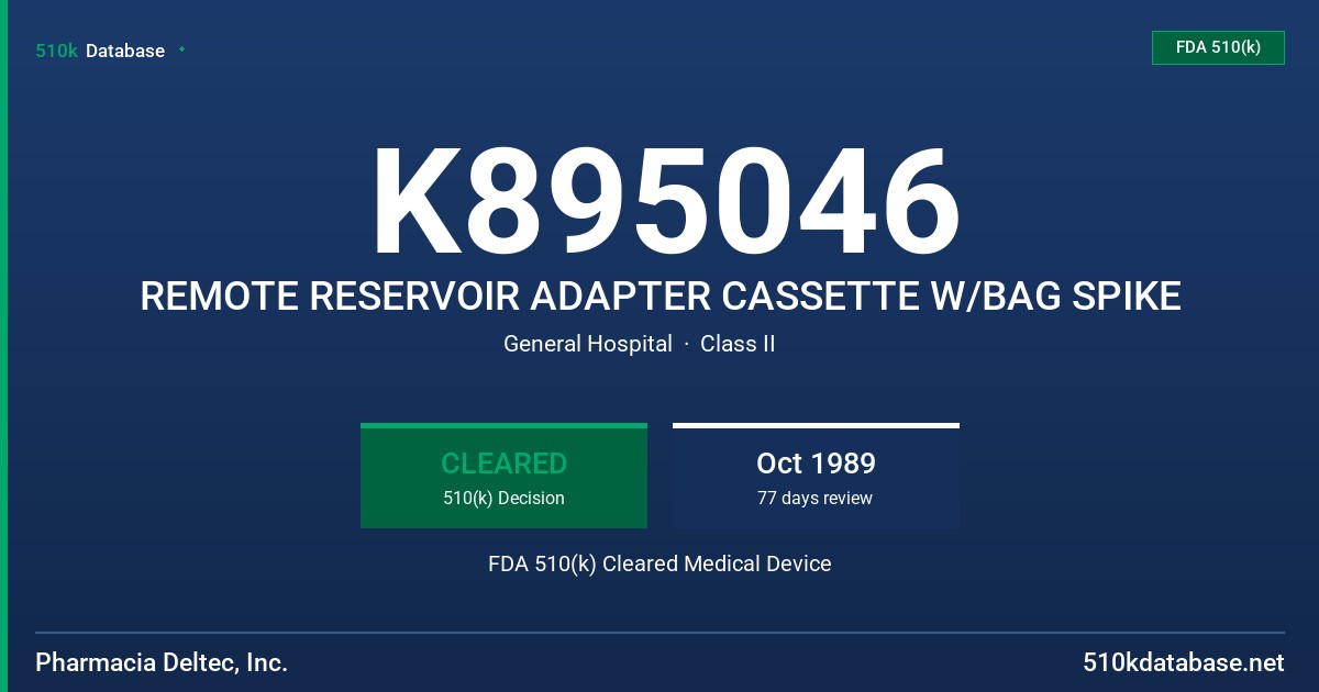 K895046 REMOTE RESERVOIR ADAPTER CASSETTE W/BAG SPIKE FDA 510(k) Cleared Medical Device
