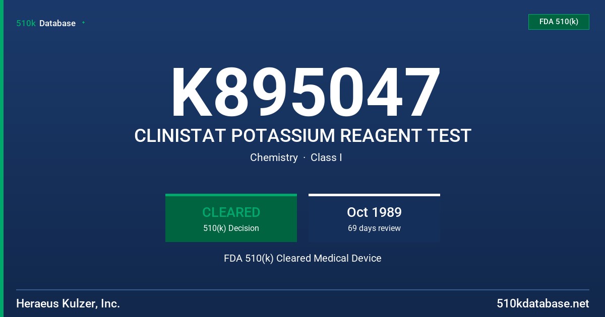 K895047 CLINISTAT POTASSIUM REAGENT TEST FDA 510(k) Cleared Medical Device