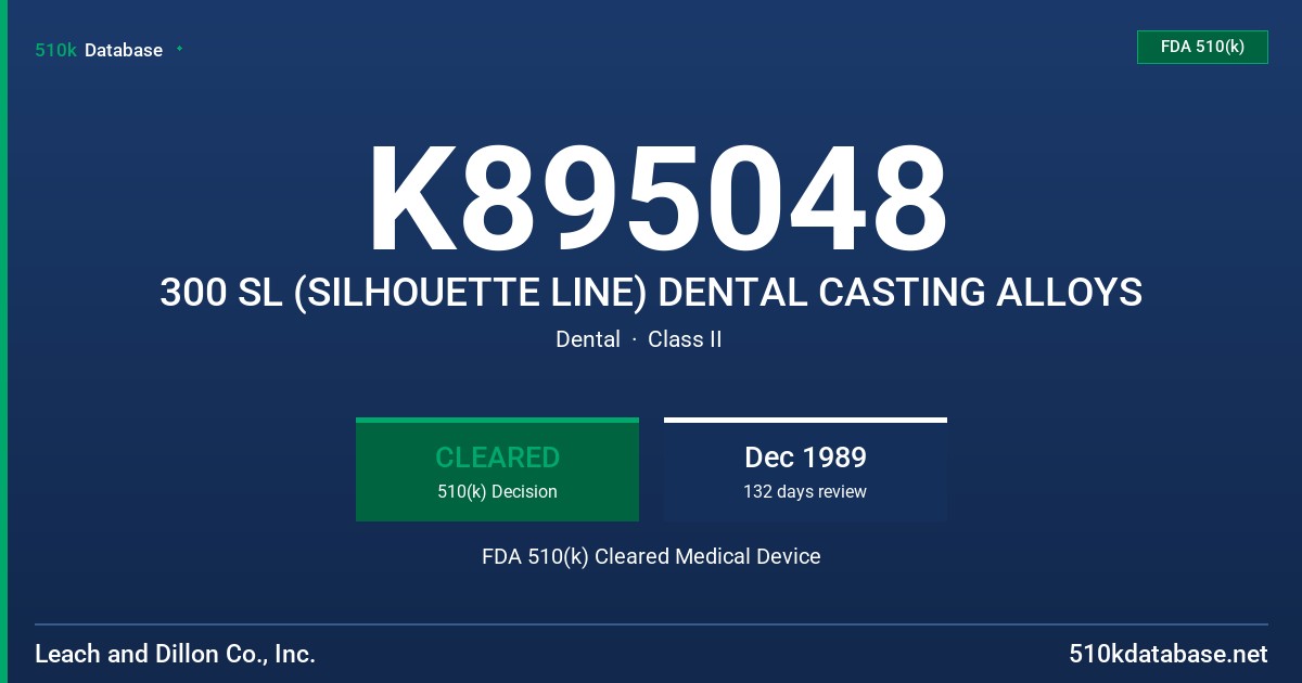 K895048 300 SL (SILHOUETTE LINE) DENTAL CASTING ALLOYS FDA 510(k) Cleared Medical Device