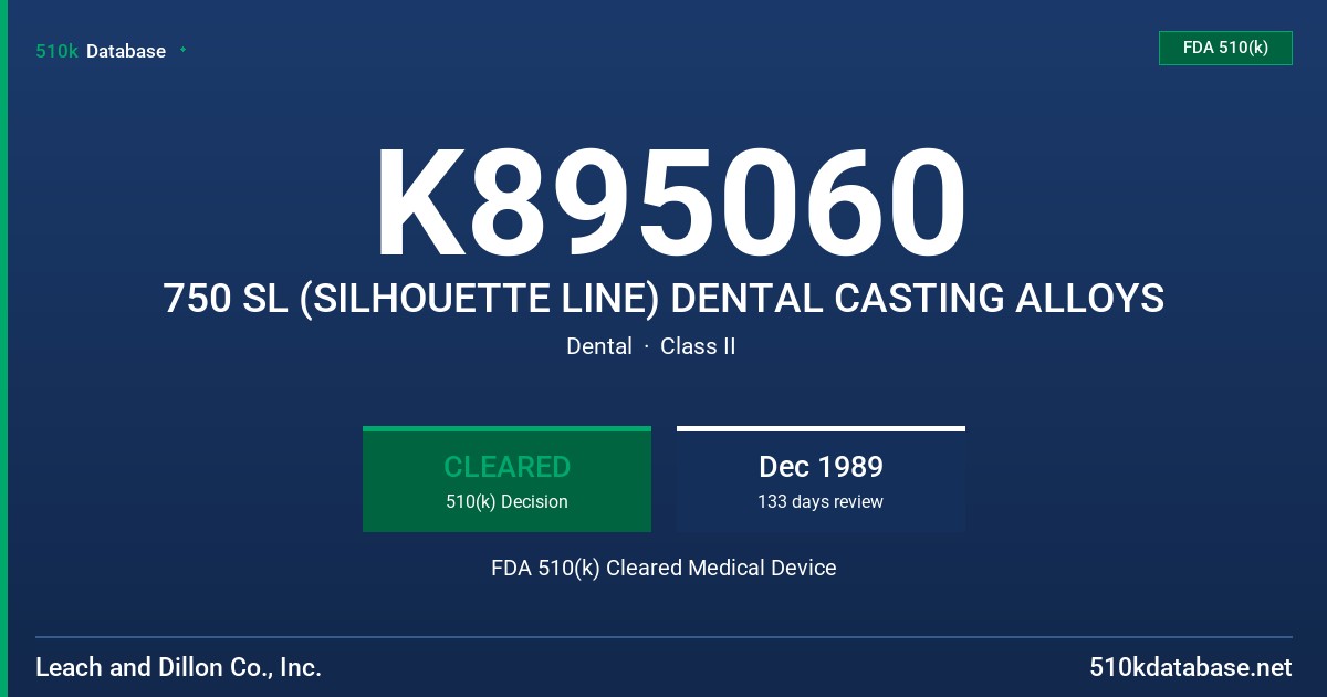 K895060 750 SL (SILHOUETTE LINE) DENTAL CASTING ALLOYS FDA 510(k) Cleared Medical Device