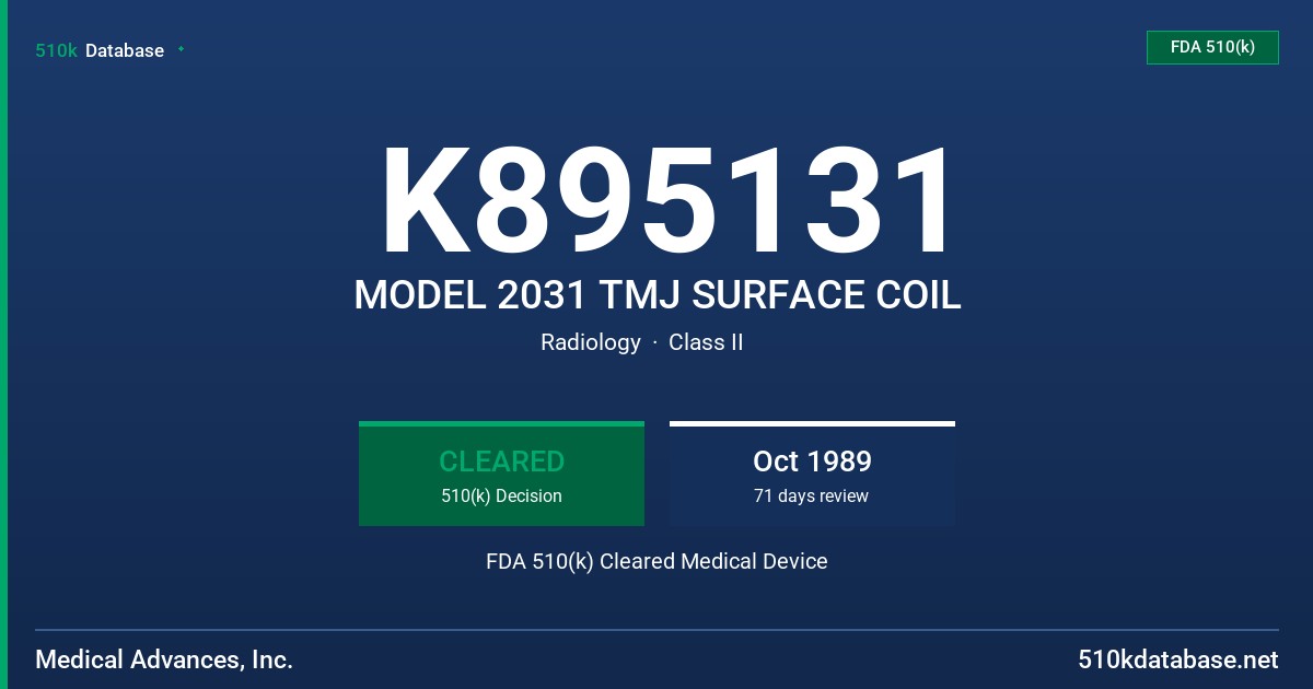 K895131 MODEL 2031 TMJ SURFACE COIL FDA 510(k) Cleared Medical Device