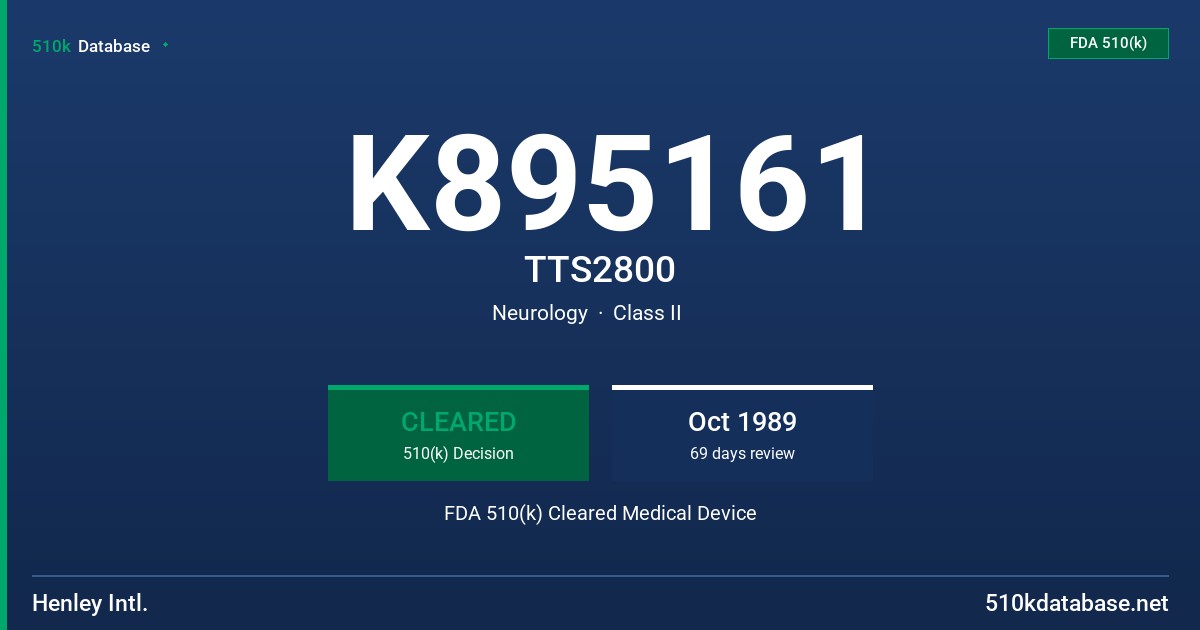 K895161 TTS2800 FDA 510(k) Cleared Medical Device