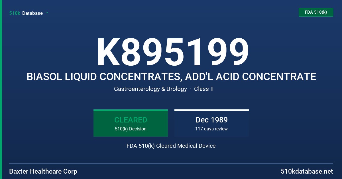 K895199 BIASOL LIQUID CONCENTRATES, ADD'L ACID CONCENTRATE FDA 510(k) Cleared Medical Device