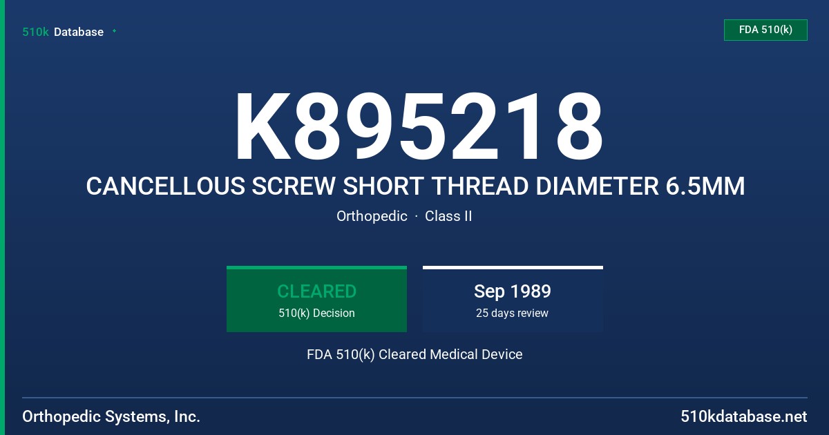 K895218 CANCELLOUS SCREW SHORT THREAD DIAMETER 6.5MM FDA 510(k) Cleared Medical Device